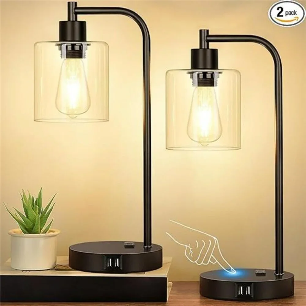 Set of 2 Touch Control Table Lamps with USB Ports Dimmable Bedside Desk Lamps